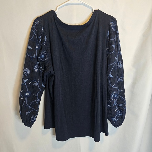 Chico's Embroidered Sleeve Top Navy Blue Floral Blouse Womens Boho XL - Picture 6 of 6